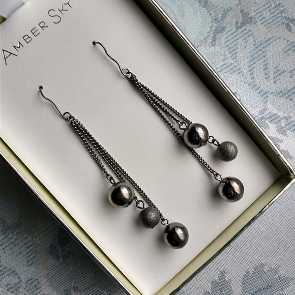 Vintage Drop Dangle Ball Pierce Earrings  3" Length~Pewter - Picture 3 of 5